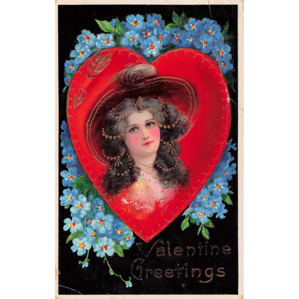Valentine Postcard Woman in Red Heart Hat Forget-Me-Nots Embossed 1912 Germany